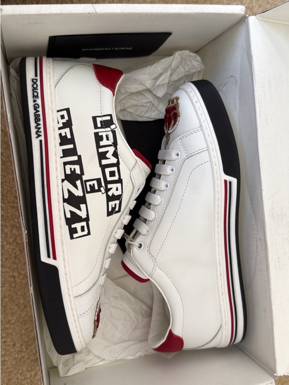 Dolce & Gabbana White Leather Low-Top Sneakers with Red and Black Accents